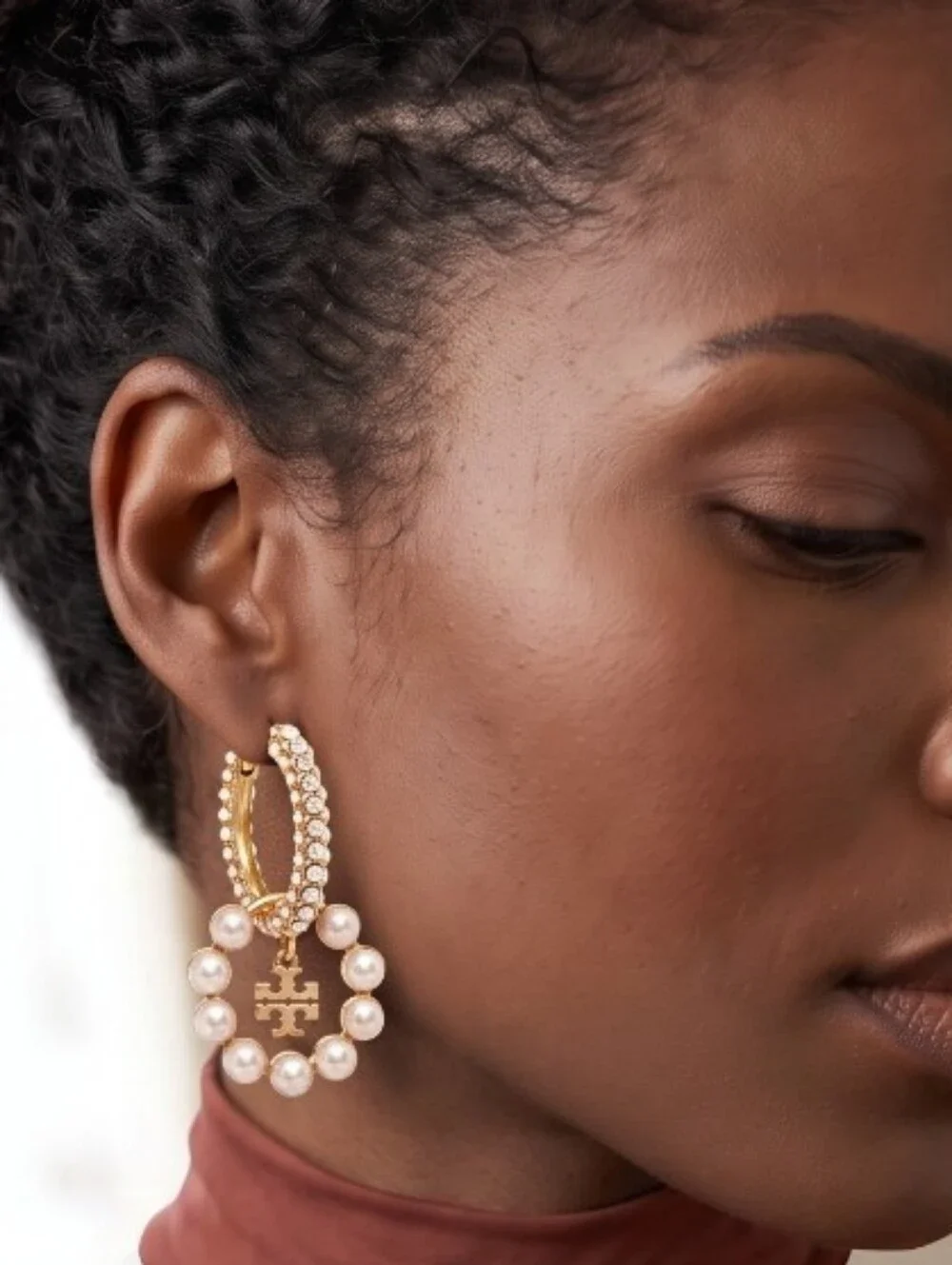 Tory Burch Gold and Pearl Hoop Drop Earrings with Pearl Charm